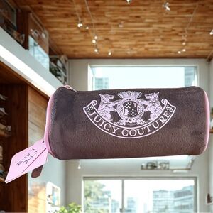 Juicy Couture NWT Brown and Pink Logo Barrel Travel Cosmetic Bag Case 7.5x4